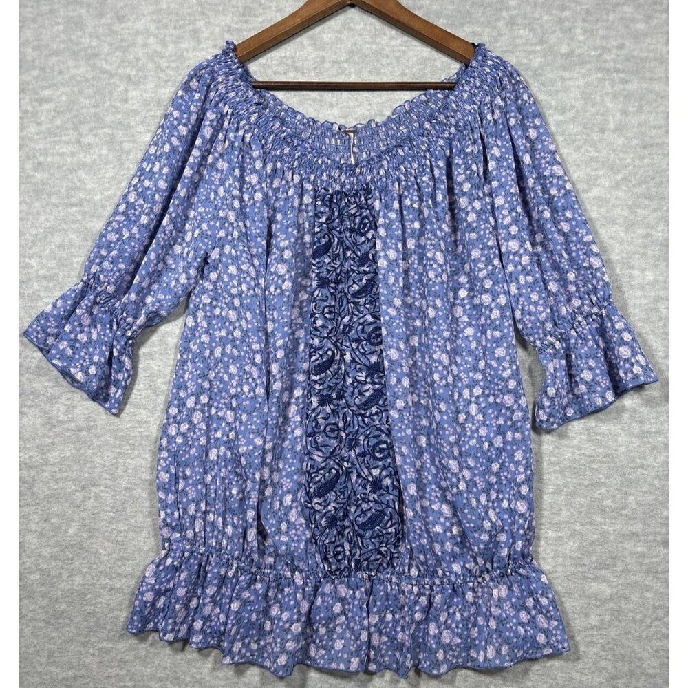 Free People Shirt Sz M Floralβ Embroidered Cottage Peasant Boho Floral